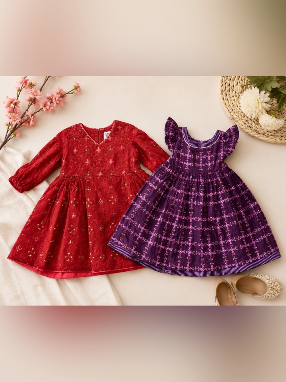 • Fab India • Girls Set of 2 Indian Dresses Red and Purple 2-3 Years